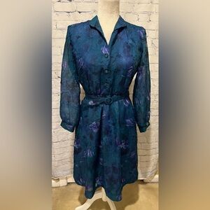 Vintage Willi of California Blue Floral Midi Shirt Dress w/ Belt USA Made Sz 6 P